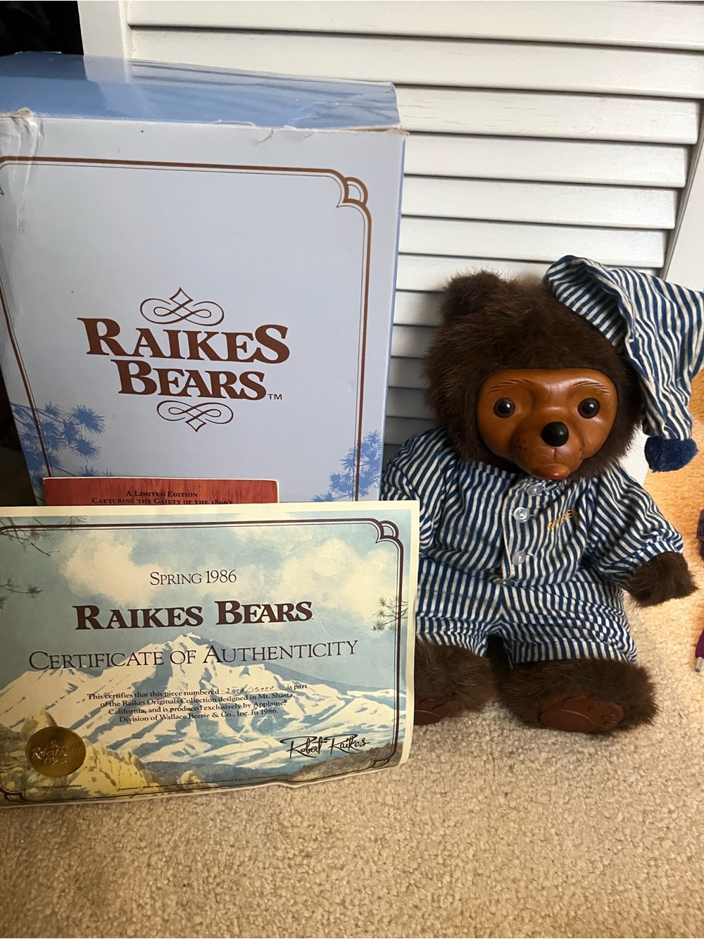 Raikes Bears Benjamin Vintage Sleepy Bear in Blue Striped Pajamas with Box